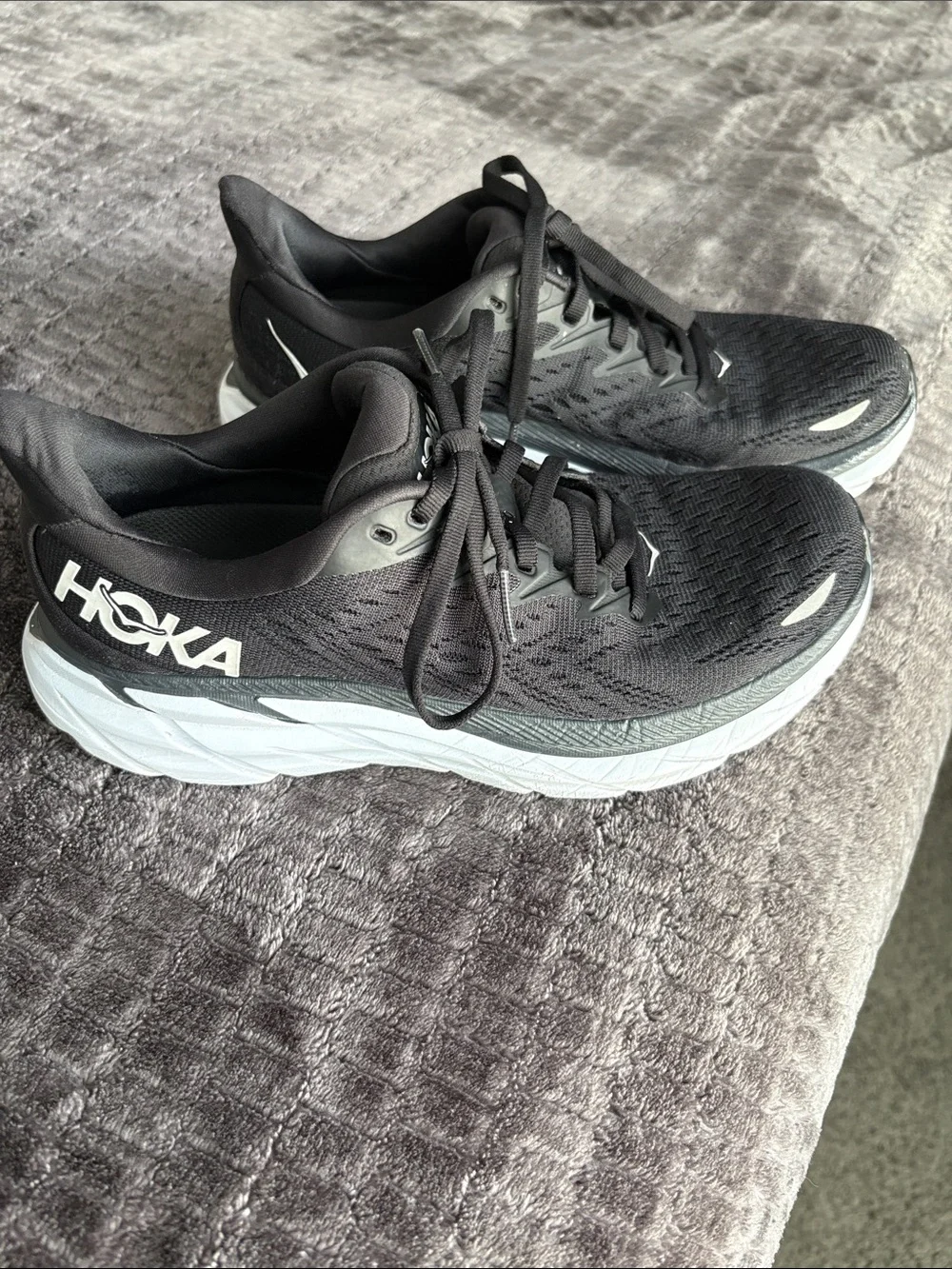 Hoka Womens Clifton 8 Black and White Athletic Running Shoes 7B